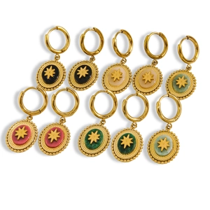Bohemian 14K gold-plated stainless steel earrings with multi-color oval star pendants