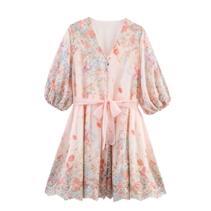 Mini Robe Brodée À Fleurs Col En V Boutons Künstliche Perles Manches Lanternes Taille À Nouer Douce Rose Polyester Femme