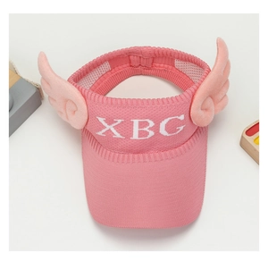 Detailed view of pink knitted sun visor with wings and white breathable mesh lining