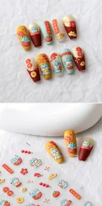 Detailed 3D embossed dragon year nail stickers with festive red and gold lucky patterns