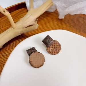 Retro handmade woven round straw earrings with square dark wood accents and post backs