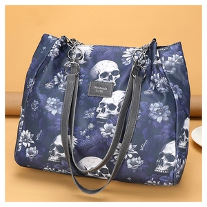 Fashionable navy blue oxford tote bag with skull and flower print and long shoulder strap