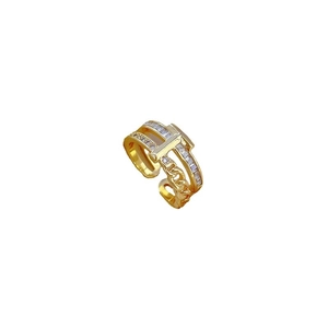 Adjustable T-shape gold ring with zircon stones and chain link double layer design