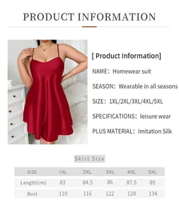 Detailed size chart for plus size satin chemise including measurements from 1XL to 5XL