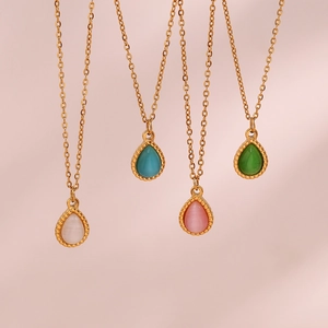Gold-plated water drop cat eye stone necklaces in white, blue, pink, and green