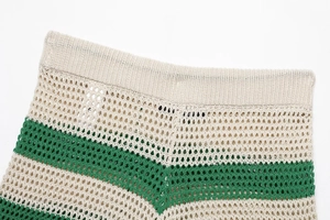 Detail des Strick-Polo-Sets mit beige-grüner Häkel-Mesh-Struktur und Wellenmuster