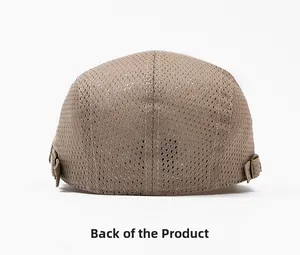 Rear view of khaki mesh flat cap showing breathable texture and adjustable metal buckle