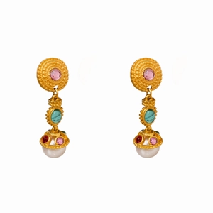 Vintage gold earrings with turquoise, pink stones, and pearl drops in court style