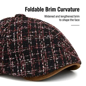 Tweed flat cap with plaid knit pattern and brown suede brim for a retro unisex style