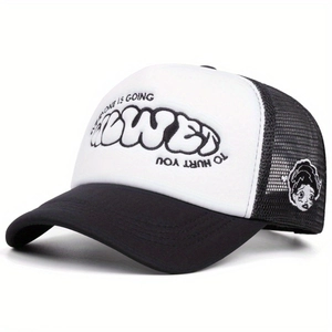 Detail of ALWED letter embroidery and cartoon girl patch on mesh trucker hat side