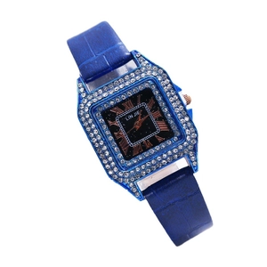 Elegante blaue quadratische Quarzuhr für Damen mit Strass-Lünette und Lederarmband