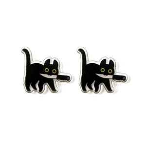 Funny acrylic black cat earrings holding a knife for Halloween themed jewelry style