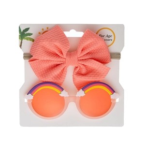 Pink waffle bow headband and rainbow round frame sunglasses set for baby girls
