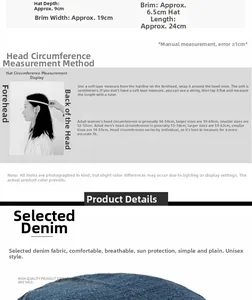 Size chart showing denim military cap dimensions and head circumference measuring guide