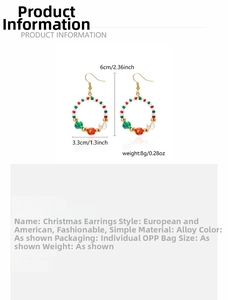 Christmas beaded hoop earrings with red and green bow, 6x3.3cm alloy dimensions detail