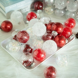 24-piece Christmas ball set with red, white, and transparent glitter-filled ornaments