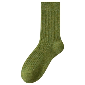 Grass green ribbed wool blend crew socks with thick winter texture for women