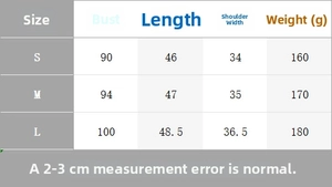 Size guide table for spring vest top showing bust, length, and shoulder measurements