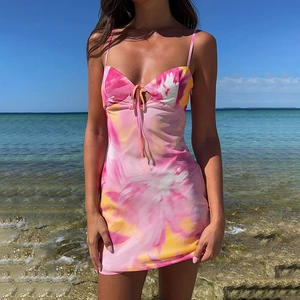 Women Pink Tie-Dye Mini Dress Spaghetti Strap Polyester Spandex V-Neck Front Tie Slim Fit Summer Beach Vacation