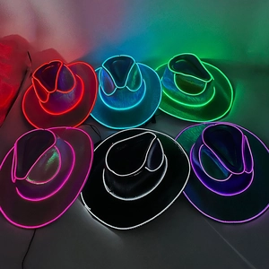 Detail view of colorful LED glowing cowboy hats in six neon colors for rave parties