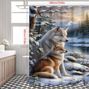 Detail showing the realistic wolf print and dimensions of the polyester bathroom curtain