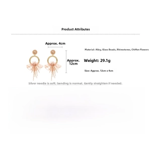 Detailed specs of floral lace earrings with beads and rhinestones, size 12x4cm
