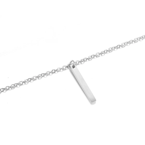 Minimalist silver rectangle pendant necklace in stainless steel on a white background