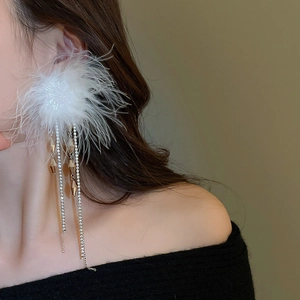 Detailed view of long white feather fringe earrings with sparkling rhinestone chains