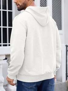Detailed back view of men's white hooded sweatshirt showing premium jacquard texture