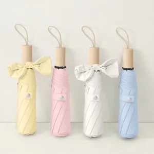 Sun And Rain Folding Umbrella UV Protection Black Coating Pongee Wood Handle Japanese Style Portable Manual Lightweight