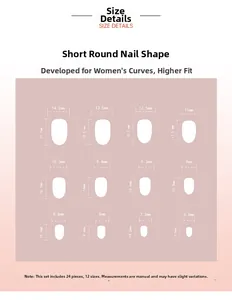 Detailed size chart for press-on nails showing short round shapes in 12 various dimensions