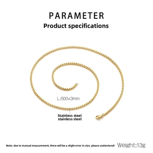 Detail view of 500mm golden stainless steel box chain with lobster clasp and technical specs