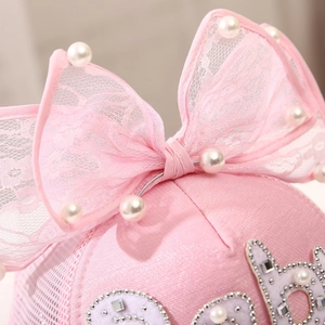 Pink lace bow baby girl baseball cap with pearls and baby rhinestone embroidery