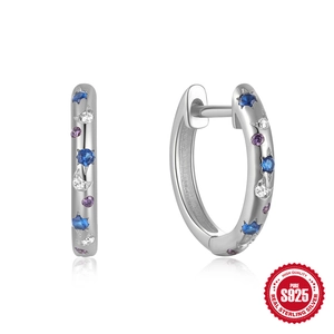 S925 sterling silver hoop earrings with blue star and purple moon zircon stones
