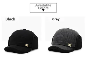 Detail of wool winter baseball hats with ear flaps in black and grey fleece lining