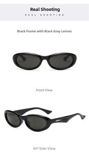 Detail of black oval sunglasses featuring silver leaf accents and dark grey lenses