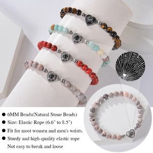 Pink Zebra Jasper beaded heart projection bracelet with 6mm natural stone and elastic cord