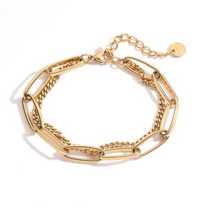 Minimalist double-layer 18K gold plated geometric stainless steel chain bracelet for women