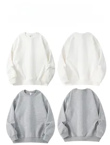 Front and back detail views of white and heather grey crewneck sweatshirts with ribbed cuffs