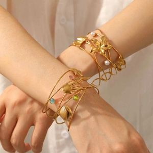 Ocean Starfish Jellyfish Shell Stainless Steel Gold Plated Open Cuff Bangle Bracelet For Women Adjustable Fashion