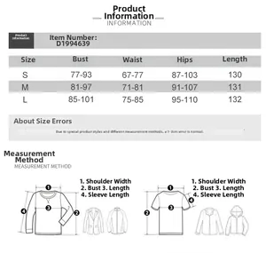 Detailed size chart for evening dress showing S M L measurements and measuring guide