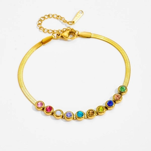 Golden stainless steel snake chain bracelet with eleven colorful zircon gemstones