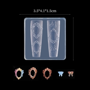 Macro detail of silicone nail mold with vintage frame and bow designs, 3.5x4.1cm