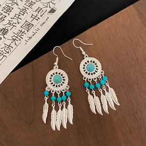 Macro detail of silver dreamcatcher earrings with turquoise beads and feather pendants