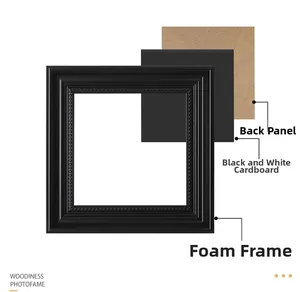 Exploded view of black vintage square frame showing PS foam border, mat and backboard