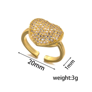 Adjustable gold heart ring with sparkling zircon stones, 20mm diameter, 3g weight