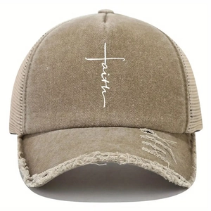 Distressed khaki baseball cap featuring white faith cross print and breathable mesh back