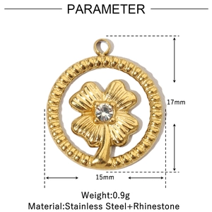 Detailed view of golden stainless steel clover pendant with size and material parameters