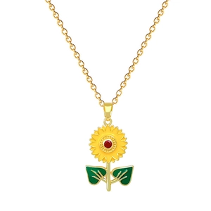 Elegant gold titanium steel sunflower necklace with yellow enamel and red crystal petals