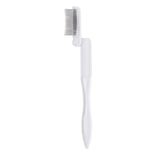 Peigne à cils pliable portable avec dents fines en acier et manche blanc en gros plan